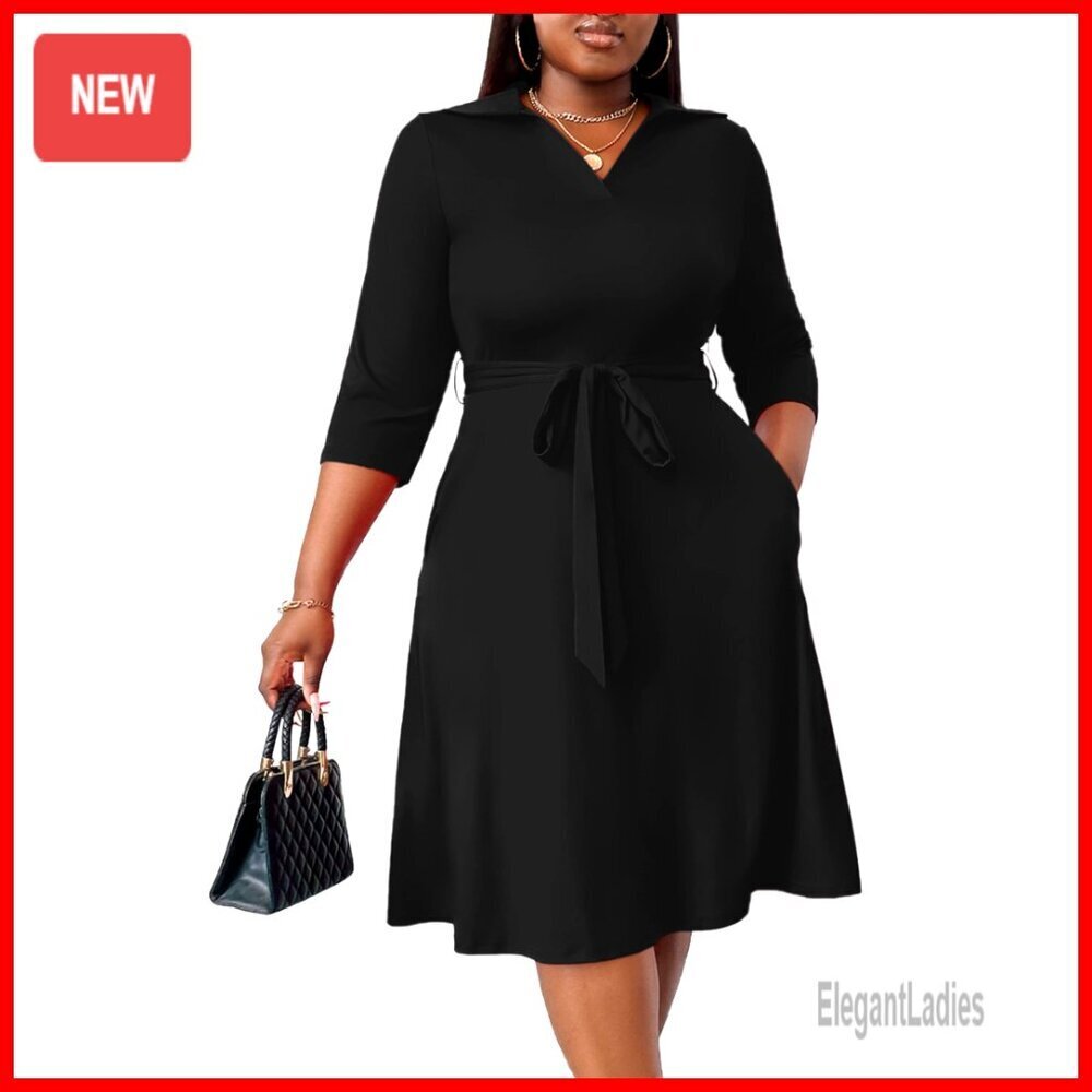 Plus Size Midi Dress 3/4 Sleeve V Neck with Belt and Pockets